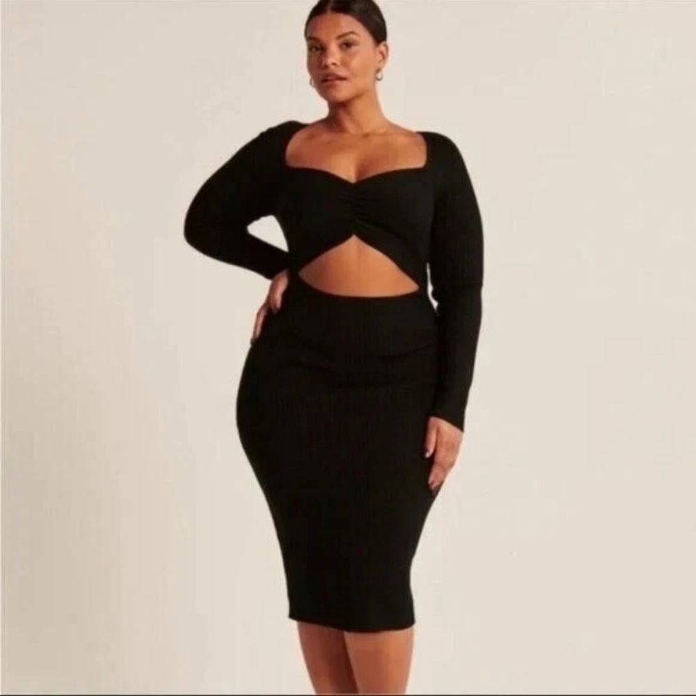 Abercrombie & Fitch Cinched Front Cutout Ribbed Midi Sweater Dress‎ Black Sz S